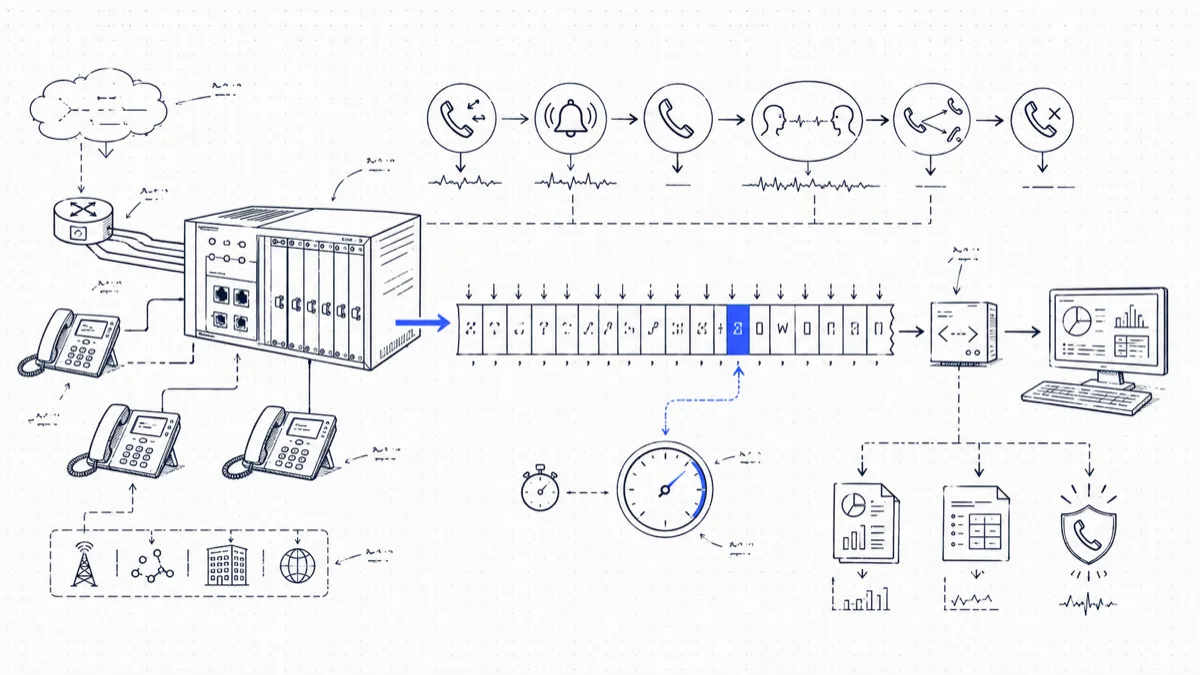 Diagram of an Avaya IP Office unit emitting a comma-separated SMDR record, one field highlighted and decoded through a parser into reports and dashboards