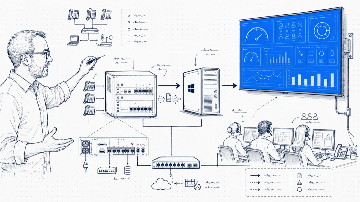 Diagram of an Avaya IP Office unit streaming SMDR to a collector PC and a wall-mounted TV wallboard showing live call metrics above a support team