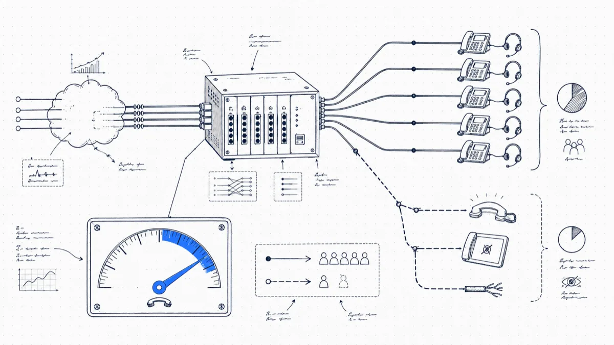 Diagram of inbound calls through a PBX split between agents who answer and calls lost to voicemail or hang-ups, with an answer-rate gauge showing the team's percentage
