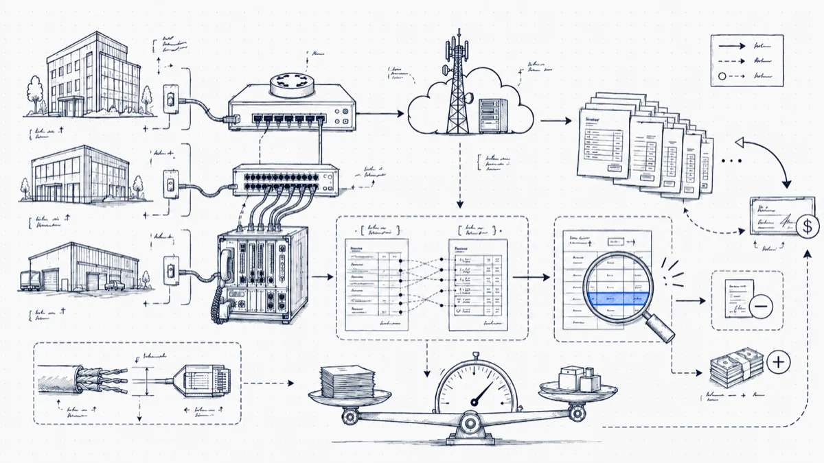Diagram of site call records matched line by line against carrier invoices, a magnifying glass flagging a discrepancy, and a scale weighing records against charges