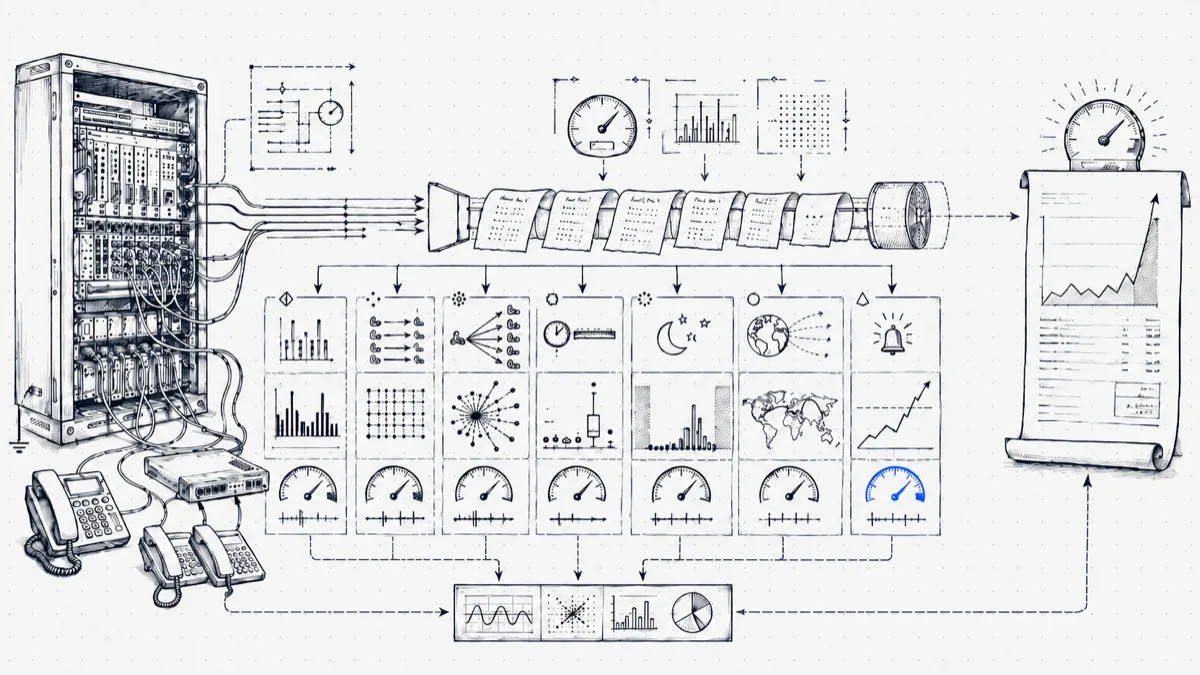 Diagram of a CDR stream from a PBX rack analyzed by seven fraud-pattern detectors, including after-hours, international, and burst checks, producing an alert report