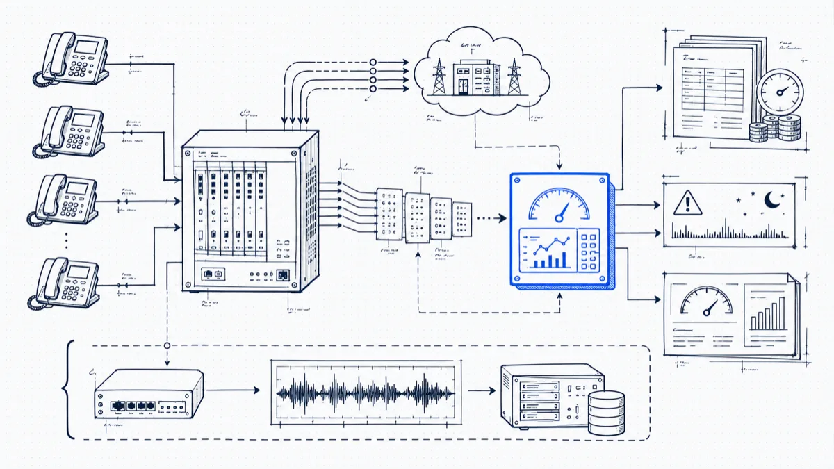 Diagram of the call accounting pipeline: phones into a PBX, CDR records normalized and rated against carrier plans, producing invoices, fraud alerts, and reports