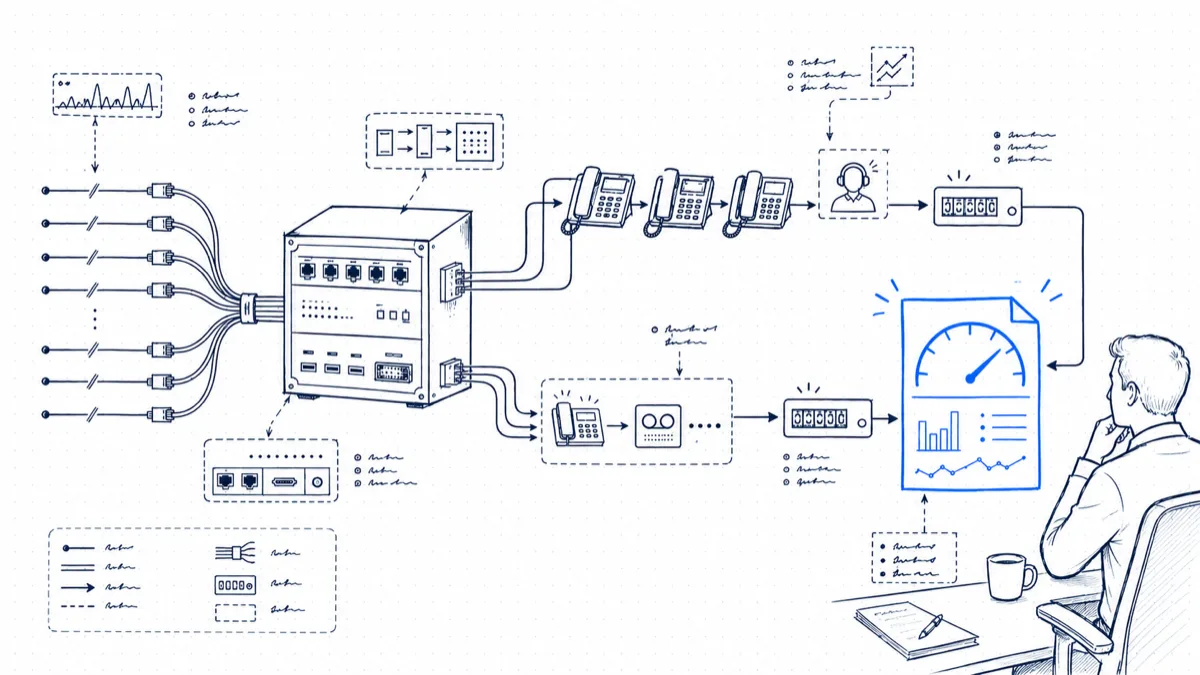 Diagram of inbound lines into a PBX splitting into answered calls and voicemail misses, summarized into a one-page answer-rate report a manager reviews at his desk