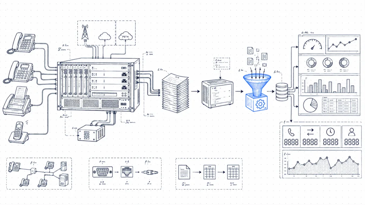 Diagram of an Avaya Aura Communication Manager exporting stacks of CDR records through a collector and parser into a database, dashboards, and per-call counters
