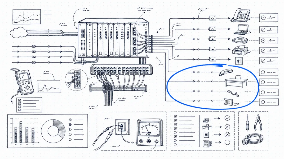 Diagram of PBX wiring where active extensions show healthy activity and a circled group of dead lines leads to an unplugged handset, empty desk, and disconnected gear
