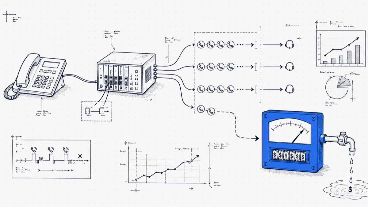 Diagram of inbound calls where answered queues reach agents but one missed call flows into a dollar meter dripping money, illustrating revenue leaking from missed calls