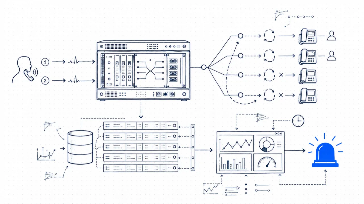 Diagram of a call flowing through Cisco CUCM to ring group phones, with CDR records collected into a dashboard that triggers a missed-call alert