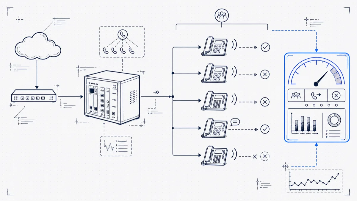 Diagram of an inbound call fanning out from a PBX to a ring group of phones, some answered and some missed, feeding a per-group dashboard with abandon metrics