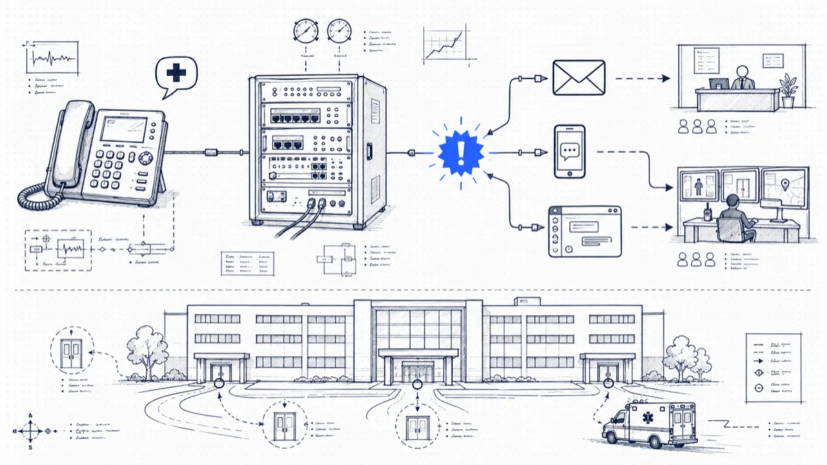 Diagram of a 911 call from a desk phone through the PBX triggering email, SMS, and dashboard alerts to the front desk and security, with a campus map below