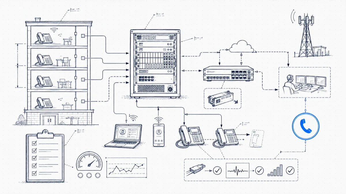 Diagram of a multi-floor building with phones per floor wired to a PBX, 911 call routing to a dispatcher, and a compliance audit checklist with device test marks