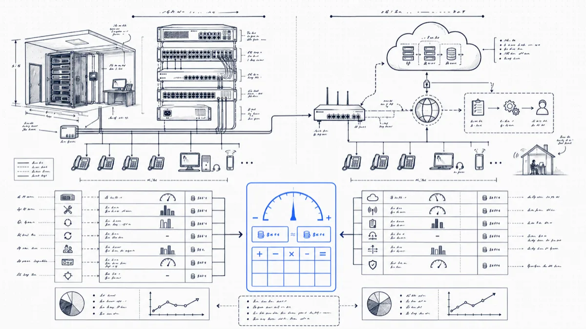Side-by-side diagram of an on-premise PBX room versus a hosted cloud setup, each with five-year cost line items feeding a central comparison calculator