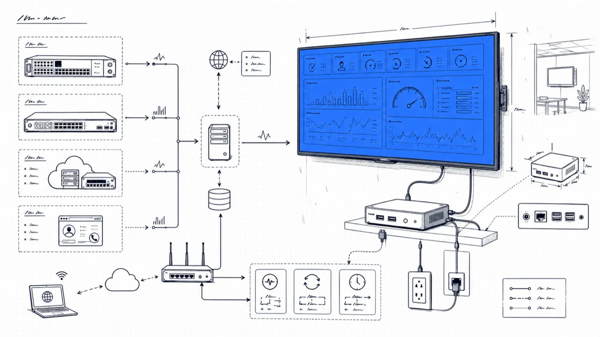 Diagram of PBX data flowing through a collector to a wall-mounted TV wallboard driven by a mini PC, with kiosk-mode setup details
