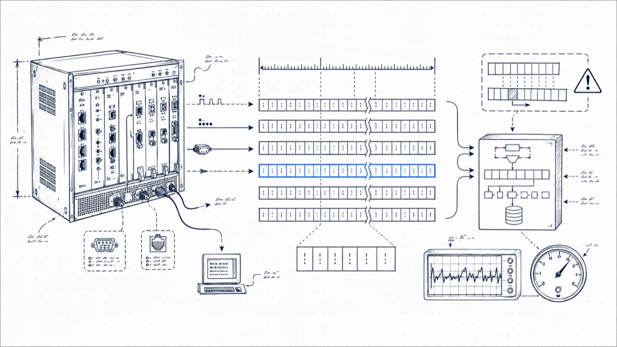 Diagram of a Mitel controller emitting fixed-column SMDR records, with one record highlighted and broken down field by field into a parser and database