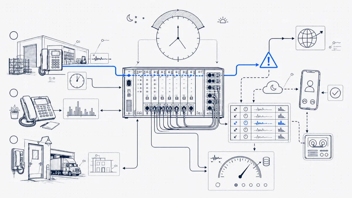 Diagram of after-hours calls from warehouse and loading-dock phones passing through a PBX, flagged against a night-time clock window and raising an alert to a phone