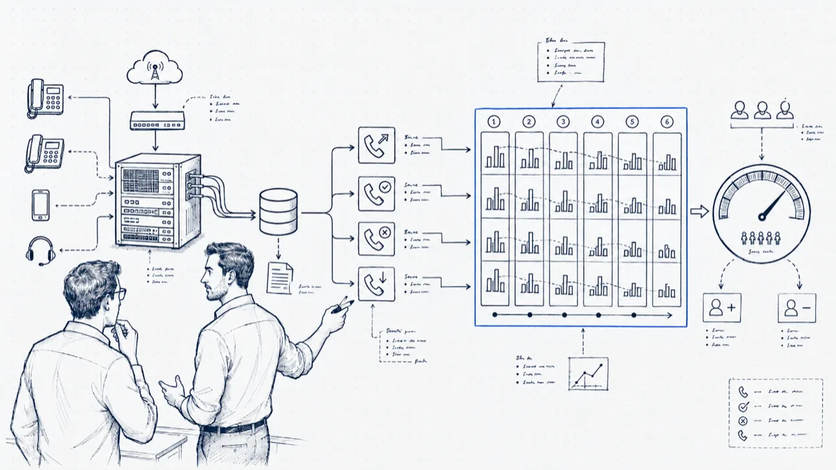 Diagram of two managers reviewing six months of call volume bars by category, leading to a capacity gauge and add-or-reduce staffing decisions