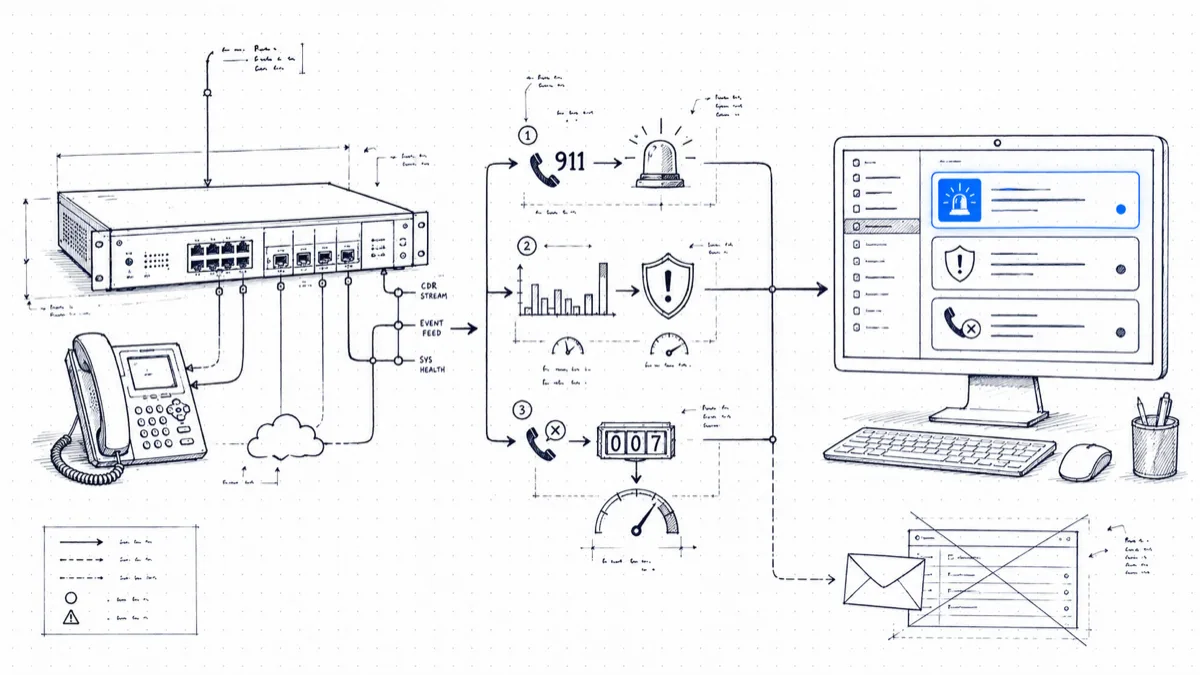 Diagram of a PBX CDR stream classified into 911, toll-fraud, and missed-call alerts, each delivered to its own Slack channel on a desktop, with email crossed out