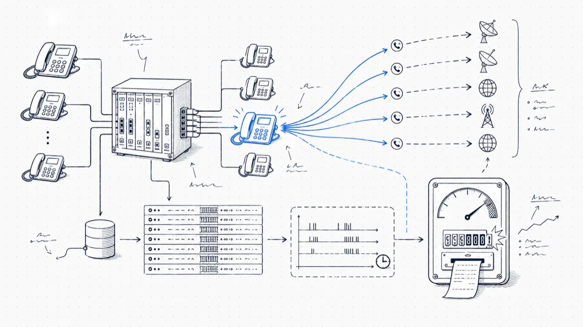 Diagram of one highlighted extension on a PBX bursting calls to international destinations, with CDR analysis flagging the anomaly on a cost meter