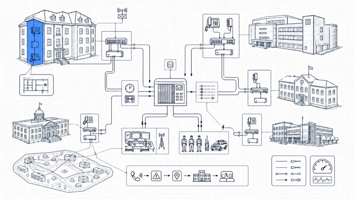 Diagram of campus buildings wired to a central system that locates a 911 call to a building and floor and routes alerts to security, dispatch, and responders