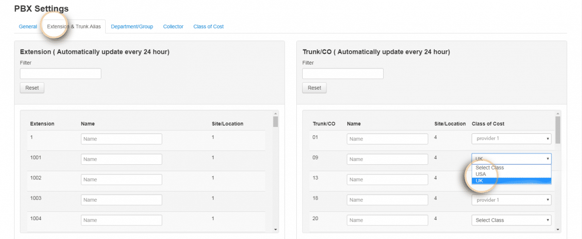 Call Accounting assign cost of class to line