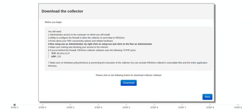 PBXDom setup page for the Panasonic NS Series dashboard